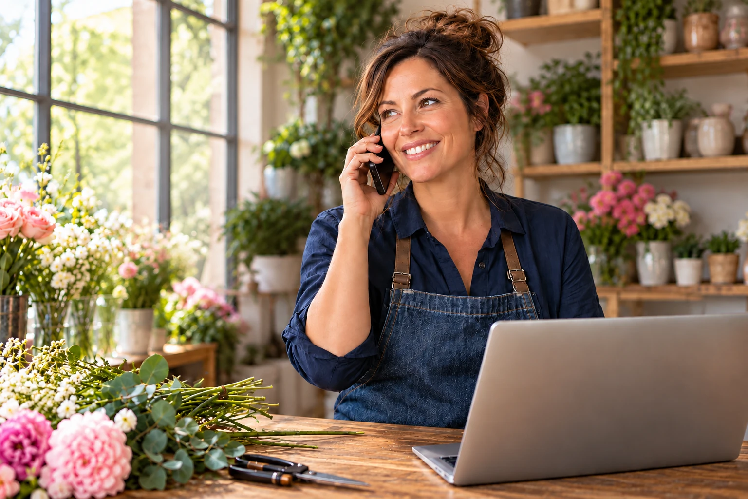 Une fleuriste souriante au téléphone, devant son ordinateur portable